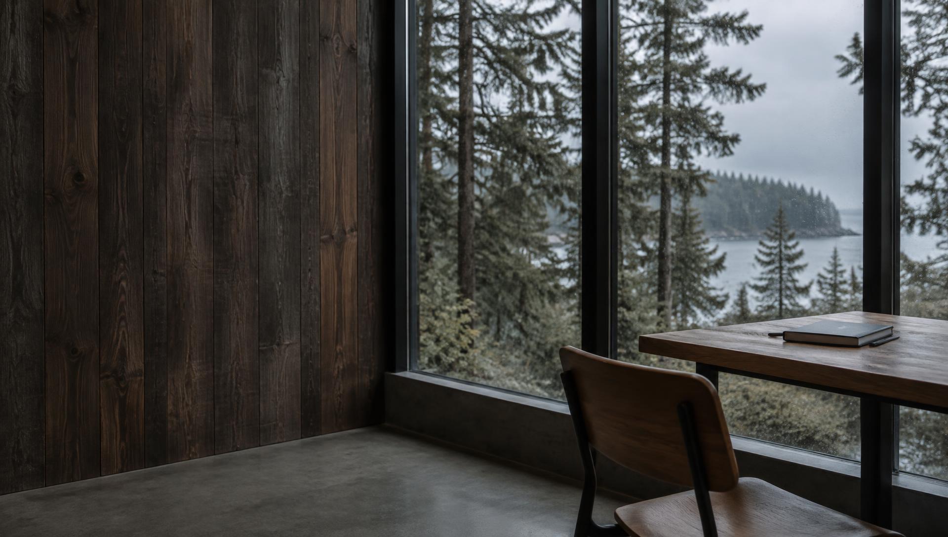 A sheltered cedar working room framing rain-softened coastal woodland and water