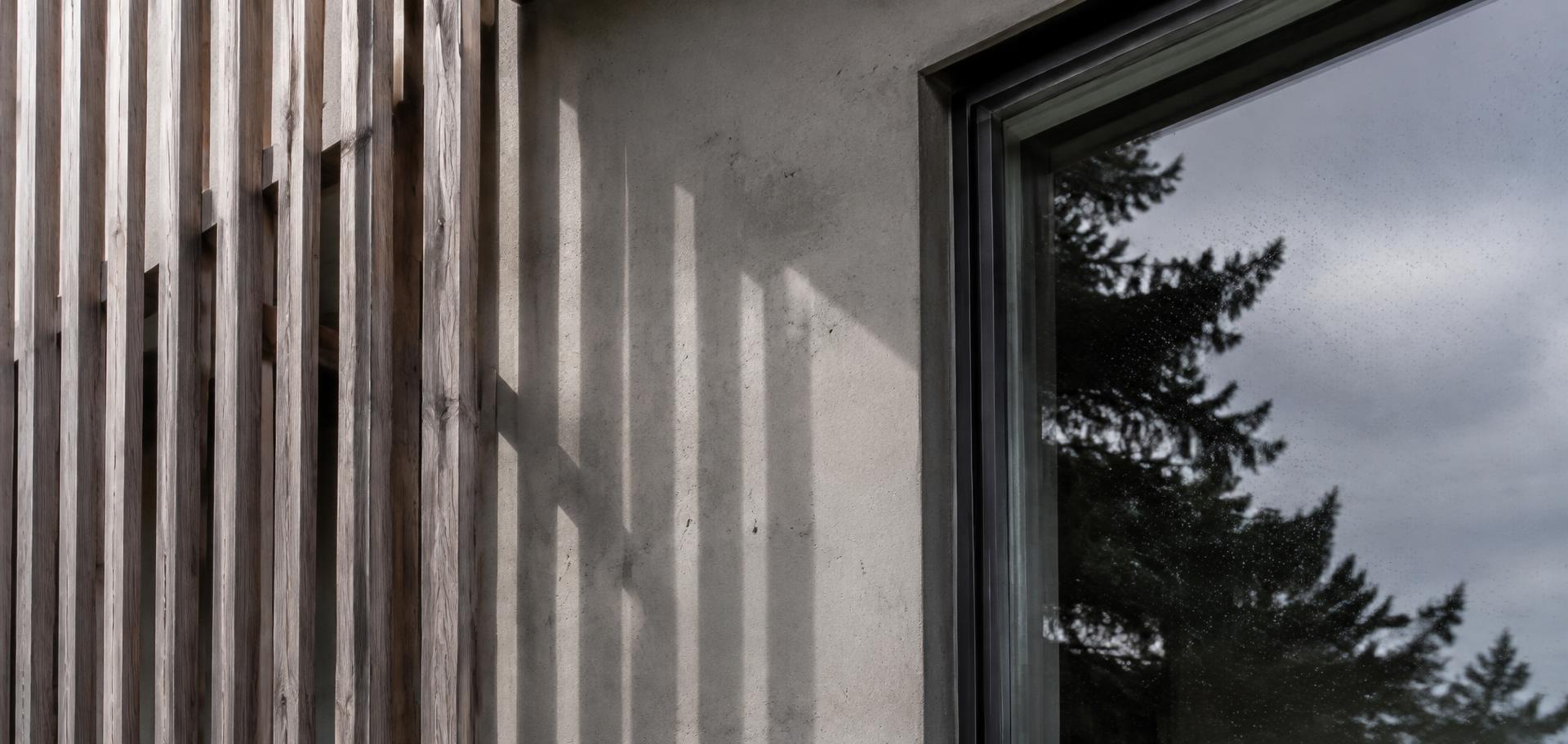 Cedar slats casting shadows on concrete beside a window reflecting evergreens